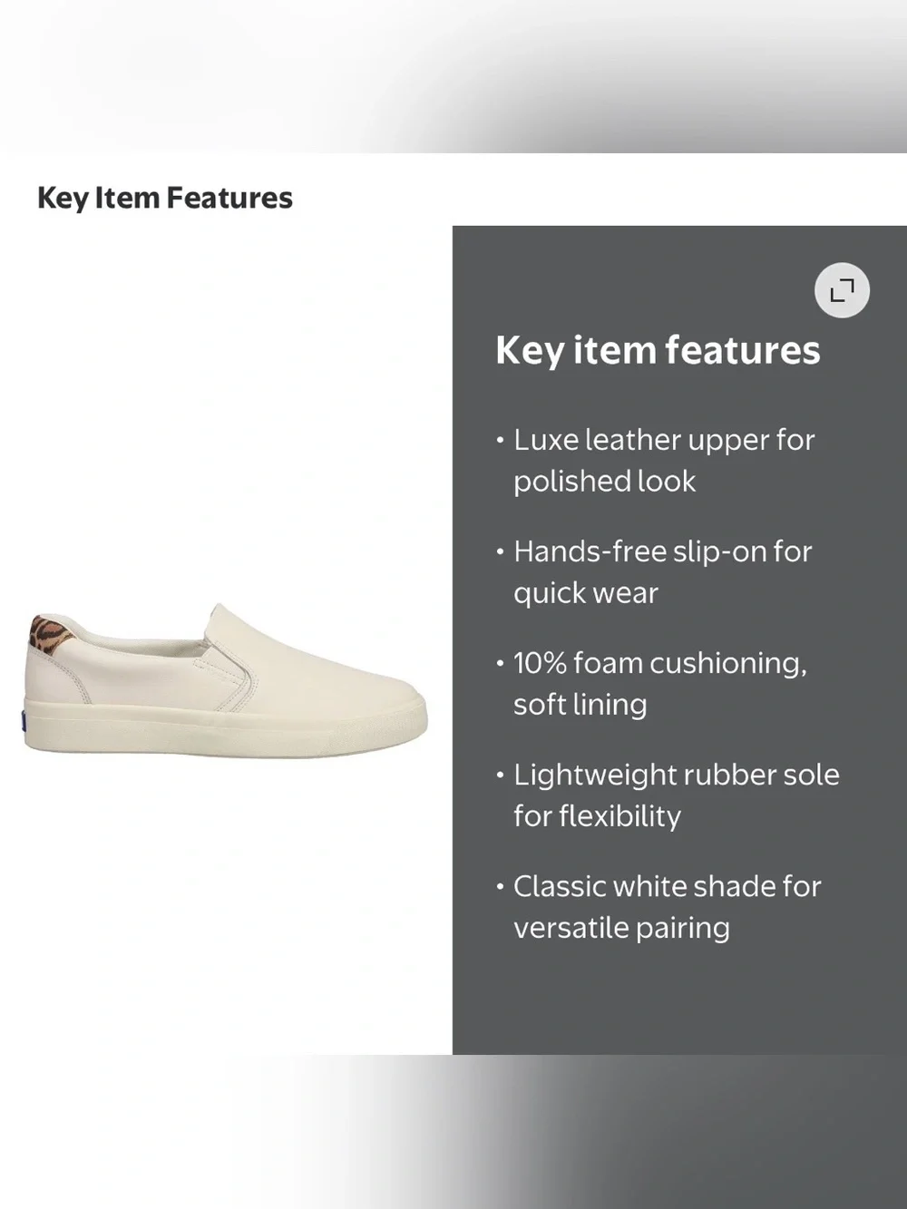 Keds Pursuit Slip-On Leather Sneaker in Classic White with Leopard Print.
